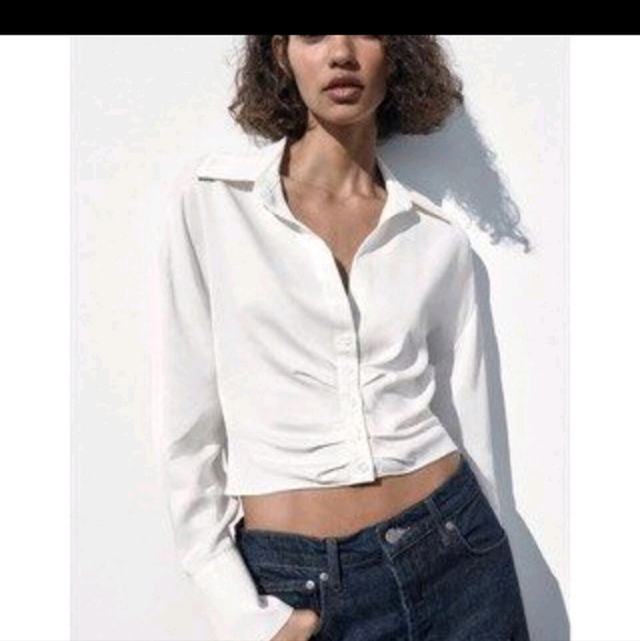 NWT Zara Button Down Ruched Satin Effect Shirt LARGE - Picture 3 of 8